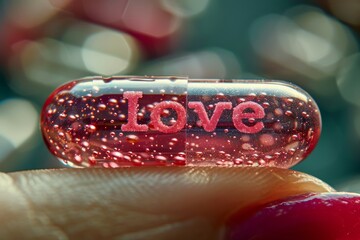 Tablet or pill with the inscription Love. Backdrop with selective focus