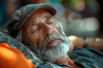 Senior or old man tired of summer heat. Backdrop with selective focus and copy space