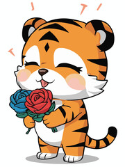 Cute standing lovely tiger with closed eyes  flowers vector customized design