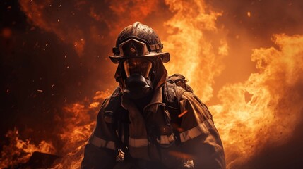Surrounded by smoke and fire, a figure in protective attire embodies heroism in action. - Powered by Adobe