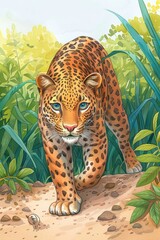 Watercolor A spotted leopard crouches, ready to pounce, its form exquisitely isolated , watercolor illustration, isolated on white background,