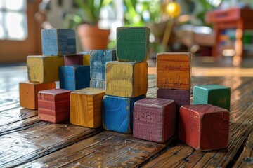 Close-up of textured wooden blocks in various vibrant colors, showcasing details and craftsmanship...