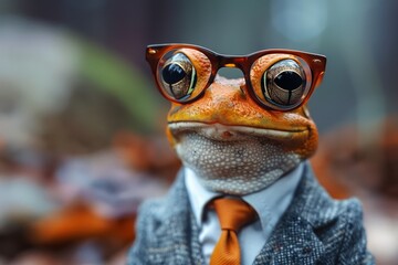 A stylish frog with oversized orange glasses and a smart tie provides a humorous and strikingly human-like depiction - obrazy, fototapety, plakaty