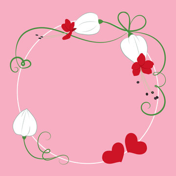 Vector romantic card, wedding invitation, banner - round frame with flowers of Bleeding Heart Vine, Clerodendrum thomsoniae on a pink background.