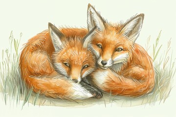 Two fox kits tumble together, their fiery coats vibrant against the plain background , watercolor illustration