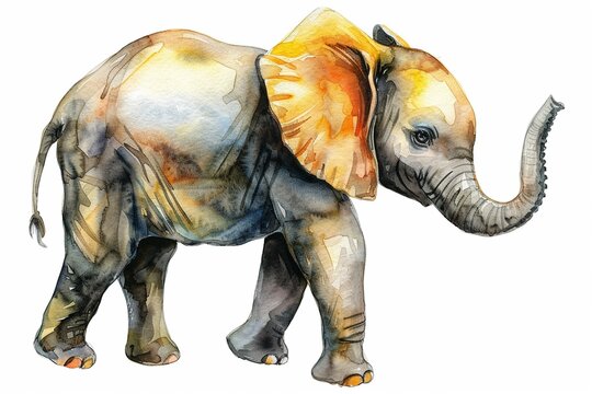 Watercolor baby elephant with a playful trunk sways softly, its silhouette tender and sweet , watercolor illustration, isolated on white background,