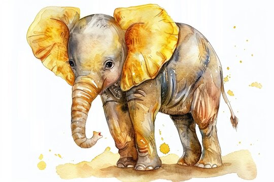A baby elephant with a playful trunk sways softly, its silhouette tender and sweet , watercolor illustration, isolated on white background,