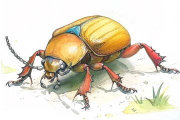 A beetle crawls slowly, the glossiness of its carapace reflecting light on the white surface , watercolor illustration, isolated on white background, - obrazy, fototapety, plakaty