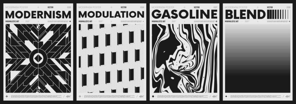 Modern abstract poster collection, vector minimalist posters with geometric shapes in black and white, brutalist style inspired graphics, bold aesthetic, shape distortion effect set 7