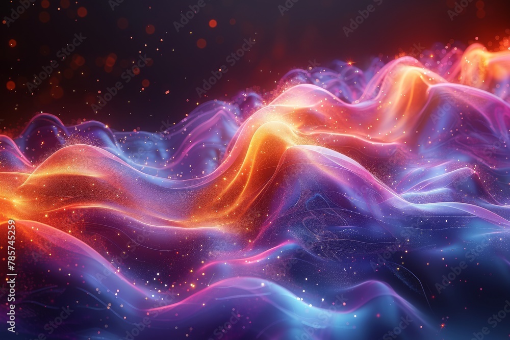 Poster the image captures a surreal scene of luminous neon waveforms flowing dynamically against a dark, en