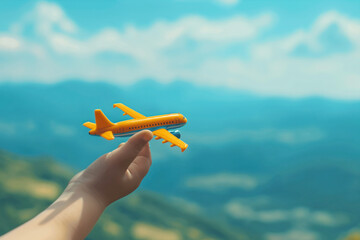 A toy airplane in a child's hand flies over a mountain landscape