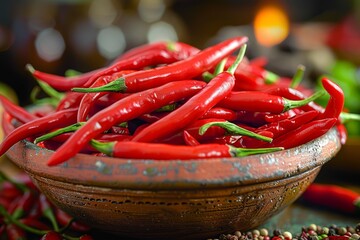 Close-up of vibrant red chili peppers in a rustic ceramic bowl with other spices in the soft focus background - Powered by Adobe