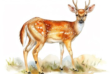Watercolor A deer stands alert, the white background enhancing the delicate features and soft fur texture , watercolor illustration, isolated on white background,