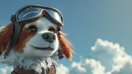 Adventurous cartoon dog wearing a pilot cap, sky blue background for dreams of flight and exploration. - obrazy, fototapety, plakaty