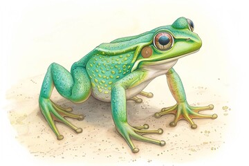 Watercolor frog leaps energetically, its vibrant green skin popping against the white, capturing its dynamic motion , watercolor illustration, isolated on white background,