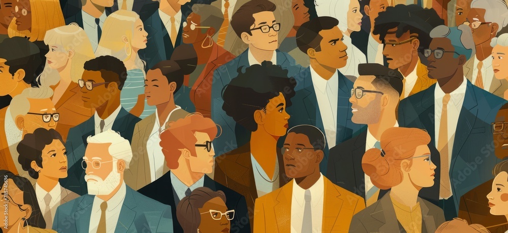 Poster a crowd of diverse people in business attire with a collage art style using muted colors generative 