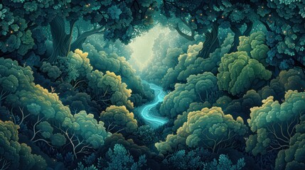Magical forest scene with a glowing blue river running through dense, lush greenery and ethereal lighting peeking through trees - obrazy, fototapety, plakaty
