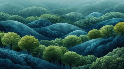 Enchanting forest landscape with vibrant trees - obrazy, fototapety, plakaty