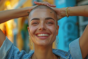 A radiant and joyous bald woman with a bright smile, arms raised, bathed in sunlight - obrazy, fototapety, plakaty