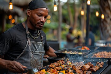 The chef attentively prepares skewers on a barbecue grill at an outdoor restaurant setting - obrazy, fototapety, plakaty