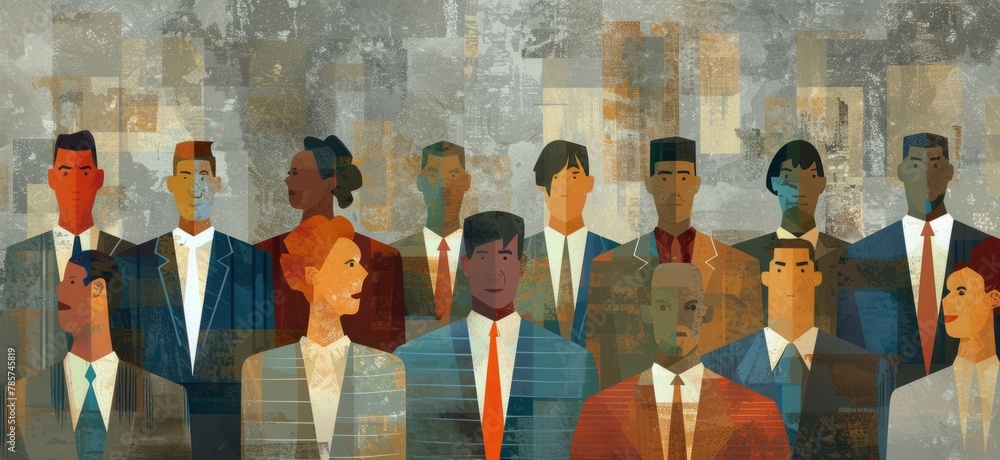 Poster a diverse group of businesspeople, all wearing suits and ties in various colors standing together to