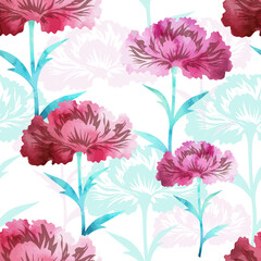 Carnation pink flowers watercolor seamless pattern. hand drawing. May 9, Victory Day, Not AI, Vector illustration