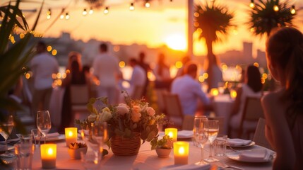 A romantic outdoor roof top dining setting as the sun sets, with guests enjoying the ambiance of warm candlelight and city views. Birthday, corporate party celebration.