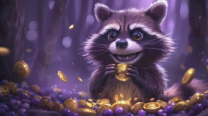 Clever cartoon raccoon sorting through treasures, playful purple background for educational games.