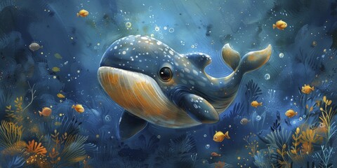 In a serene deep blue sea, a kind cartoon whale assists smaller fish, embodying themes of compassion and kindness.