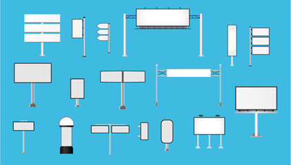 Billboard flat Set of different perspectives  for outdoor advertising big billboard on blue background isolated vector illustration.