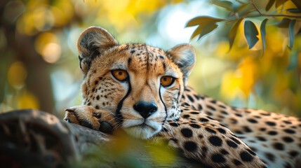 A cheetah is laying on a tree branch, looking at the camera