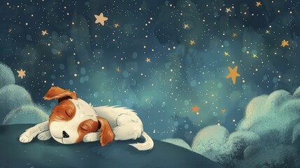 Obraz na płótnie Canvas A whimsical cartoon pup dreams under the starlit sky against a serene navy backdrop, perfect for enchanting bedtime tales.