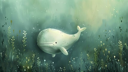 Fototapeta premium Dreamy cartoon whale floating on a tranquil teal background, ideal for bedtime stories and nursery rooms.