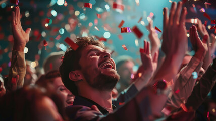 Ecstatic Audience Celebrating at Concert with Confetti. Euphoric crowd with uplifted hands enjoying...