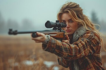A young woman aiming down sights of a classic rifle in a fall wilderness setting