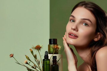 Woman with a serene expression among herbal skincare products