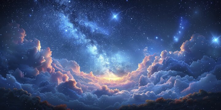 Dreamer cartoon unicorn beneath starry sky, magical dark blue background for nighttime story themes.