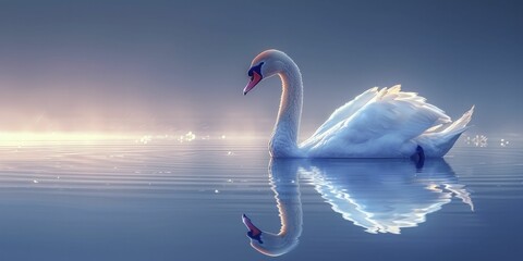 A serene scene unfolds with a graceful swan gliding on a mirror-like lake against a tranquil blue backdrop, ideal for nursery themes.
