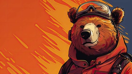 Heroic cartoon bear firefighter on duty, vibrant orange background for inspirational and educational purposes. - obrazy, fototapety, plakaty
