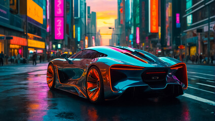 Magnificent futuristic car in the metropolis