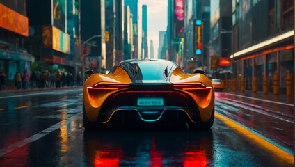 Magnificent futuristic car in the metropolis