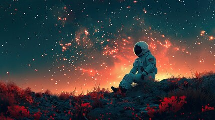 Picture of astronaut - man or woman in suit with helmet at lunar surface meditating