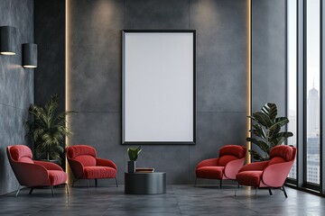 Modern interior with mockup frame, a chic urban space with a spot for customization, ideal for interior design promotions.