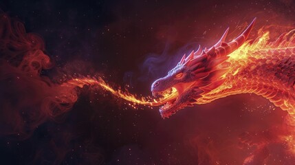 An animated dragon with fiery breath against a striking dark red backdrop sets the stage for a captivating mythical tale. - obrazy, fototapety, plakaty