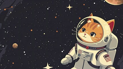 Intrepid cartoon cat astronaut floating in space against a starry black background, perfect for science and exploration themes.