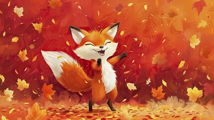 Obraz premium Joyful cartoon fox dancing in autumn leaves, warm red background for seasonal childrenâ€™s books.