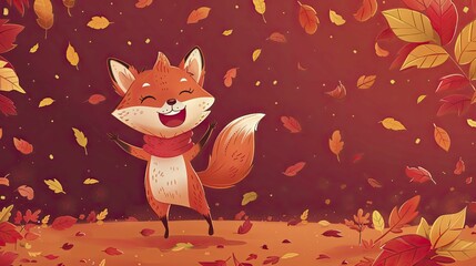 Obraz premium A lively cartoon fox dances among autumn leaves on a cozy red backdrop, perfect for enchanting children's stories.