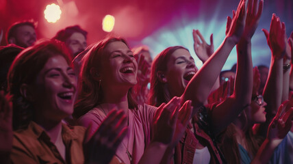 Euphoric Crowd Enjoying Live Concert. Audience with raised hands experiencing and enjoying a music festival.