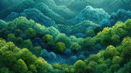 Naklejka na ściany i meble Misty forest with lush green treetops and river