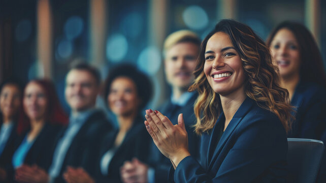 Enthusiastic Professional Applauding at a Business Conference. Engaged businesswoman clapping during a corporate conference, with attendees in the background.